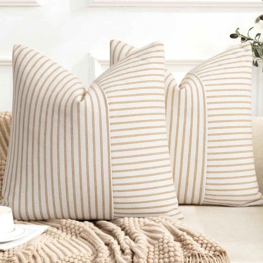Farmhouse Striped Cream and Brown Accent Pillows 16” x 16”